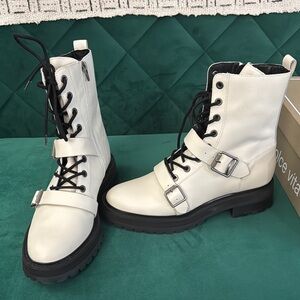 Dolce Vita White Combat Boots with Black Laces and Chunky Sole